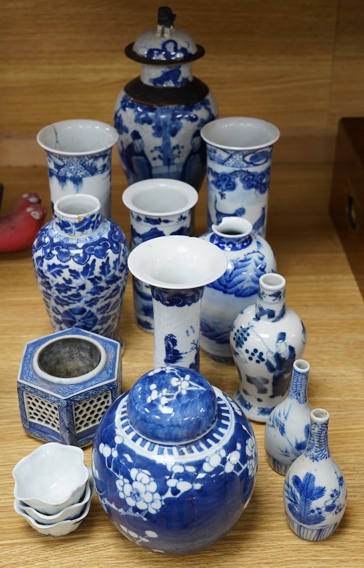 A group of 19th century and later Chinese blue and white porcelain, tallest 32cm. Condition - poor